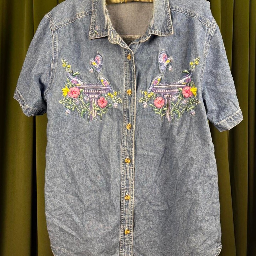 Vintage Bobbie Brooks Embroidered Denim Shirt Blue Floral Bird Western Large